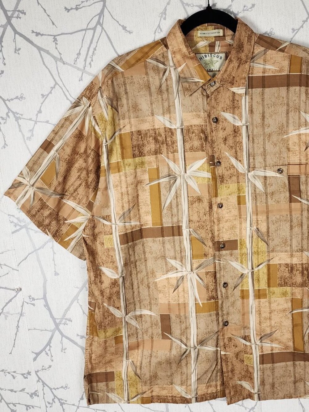 Hibiscus Hawaii Tropical Bamboo Print Cotton Sateen Button Front Shirt
